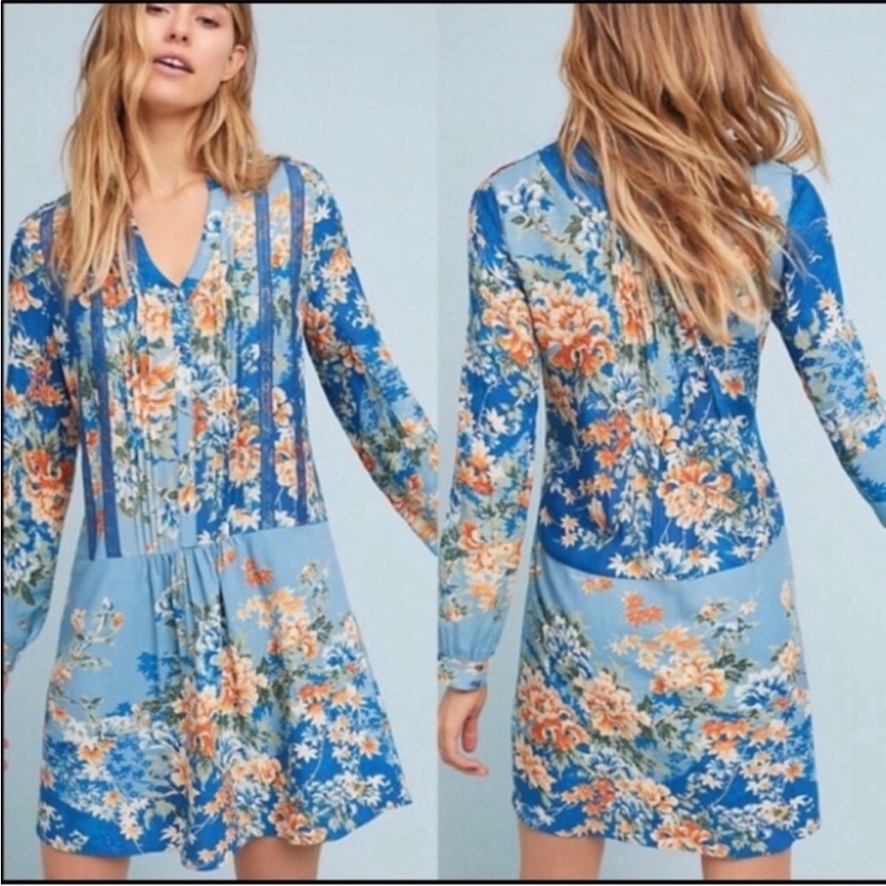 Anthropologie Tiny Gaina Blue & Orange Floral Lace Trim Tunic Shift Dress XS